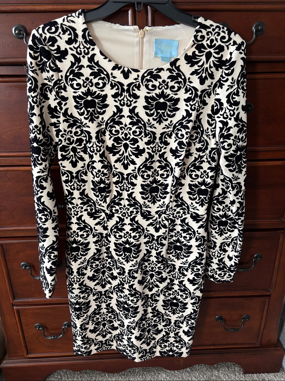 CeCe Black and Cream Damask Sheath Dress